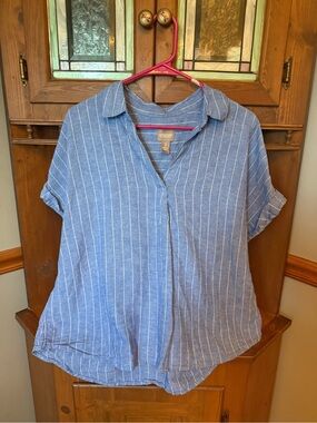 Chico's Blue & White Striped Linen Blend V-Neck Lagenlook Blouse - Size 2 /US L